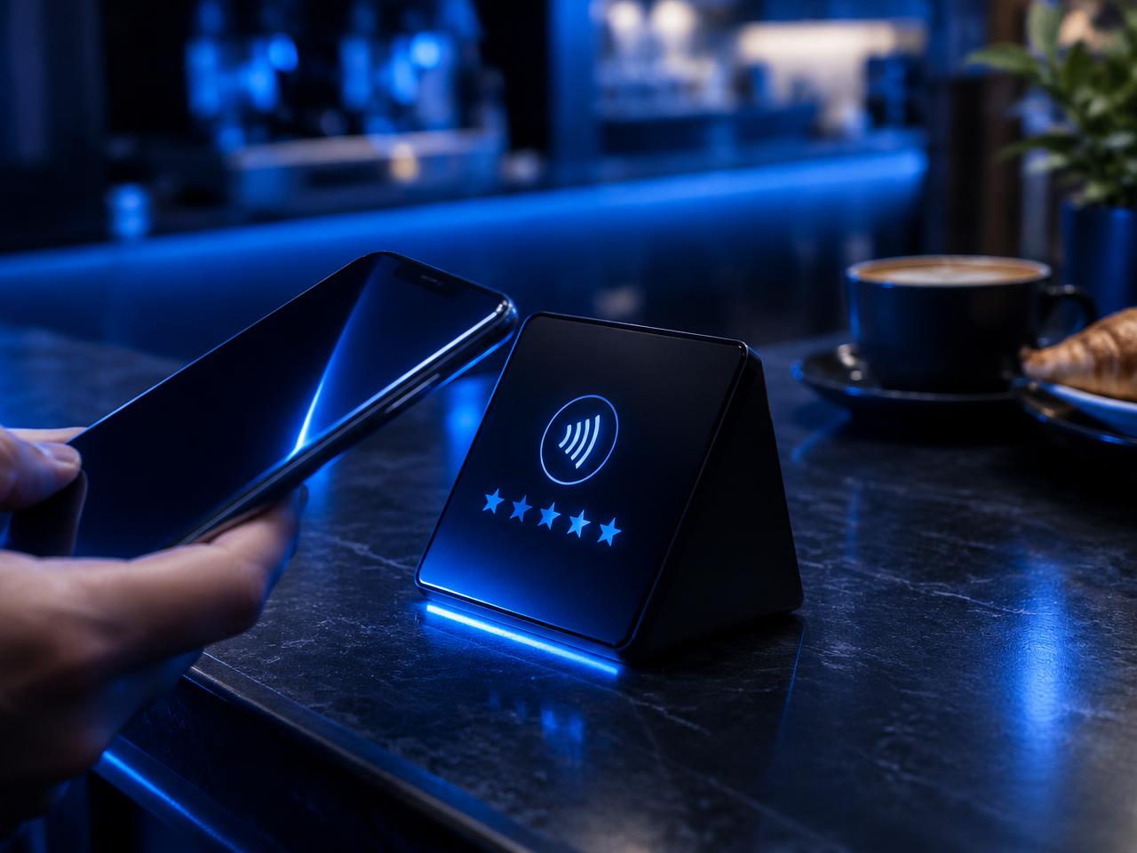 Plaquinha NFC em um balcão comercial